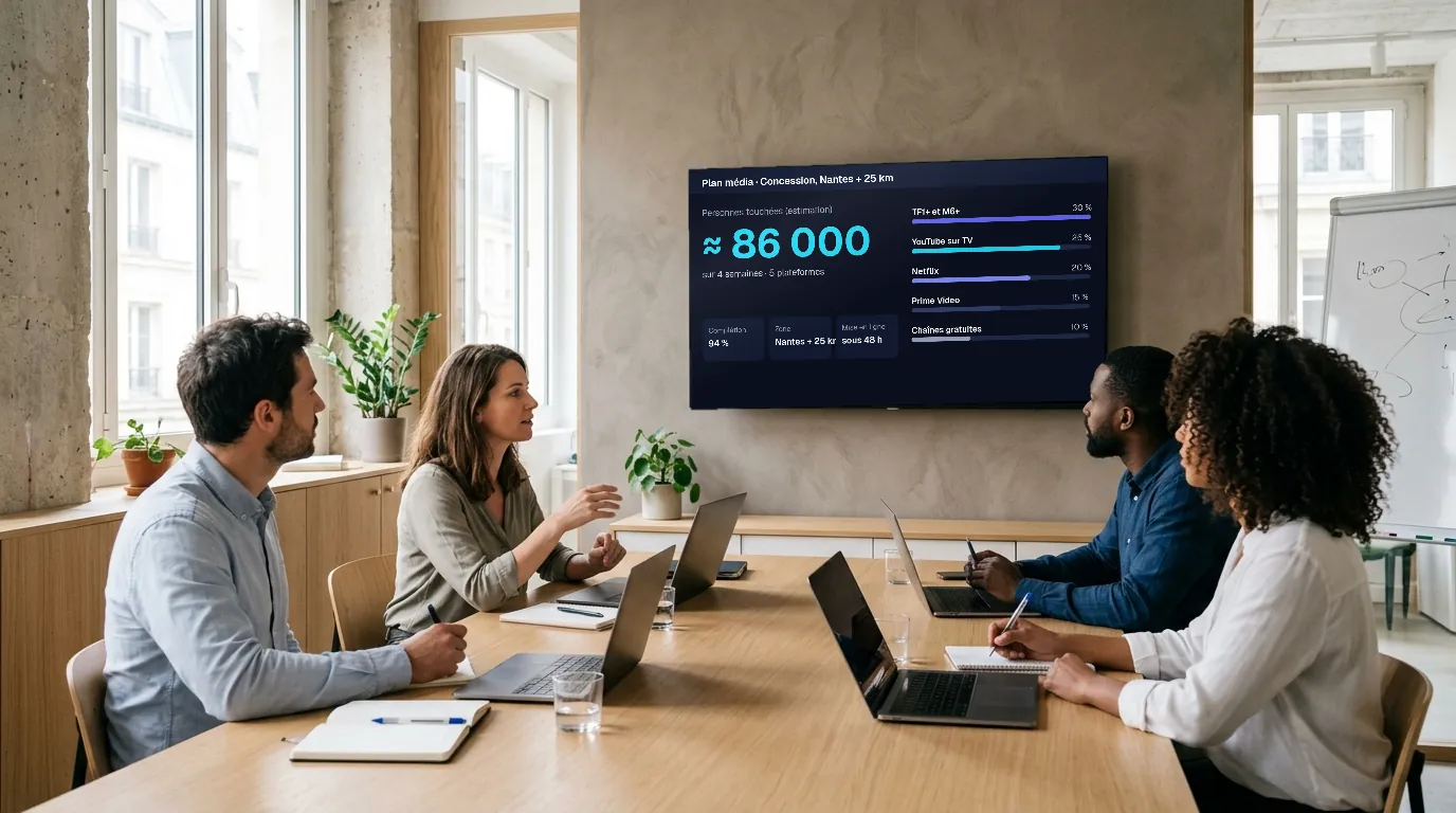Équipe d'agence analysant un plan média TV connectée