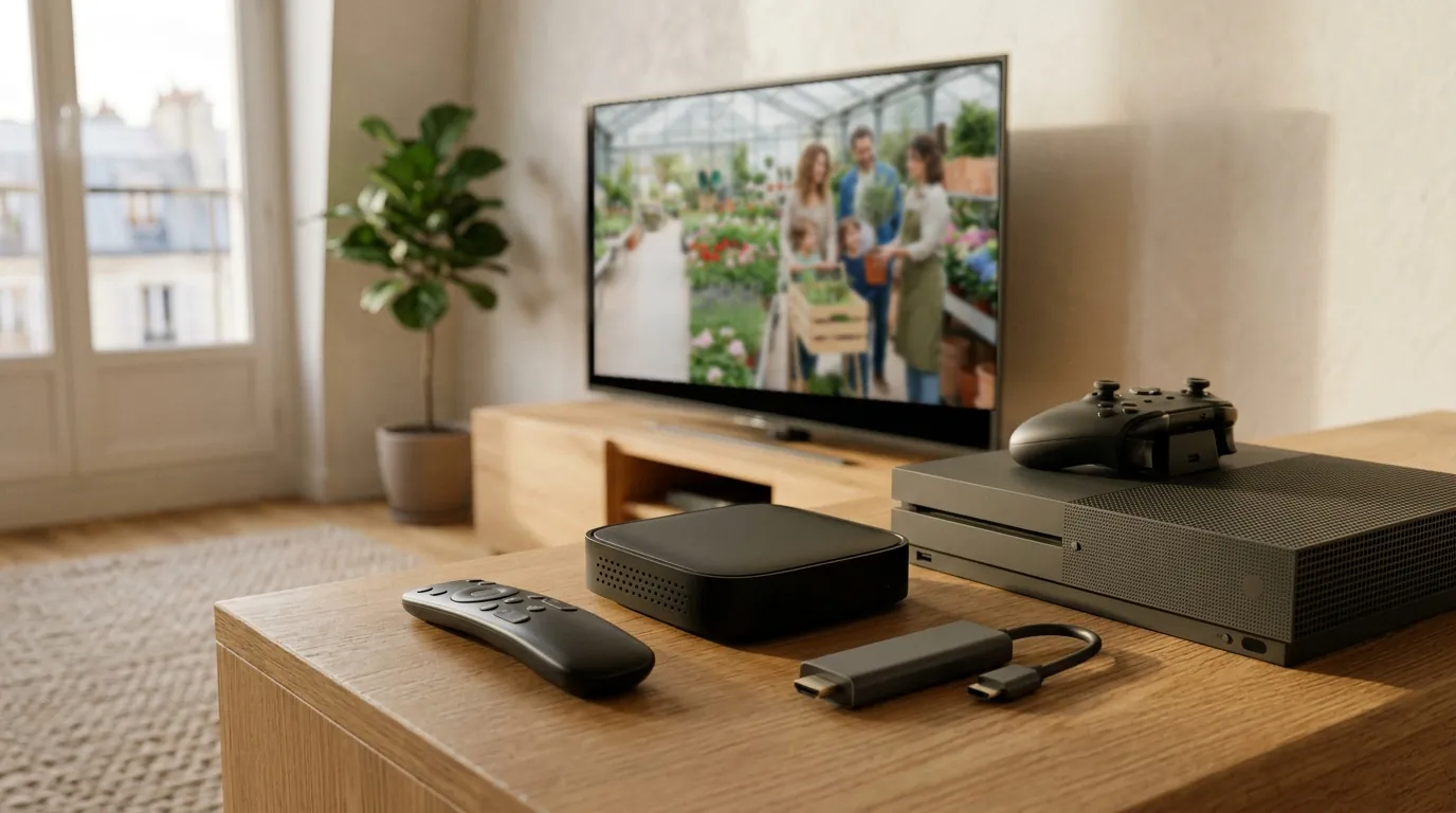 Box internet, clé de streaming, console et télécommande devant un téléviseur connecté