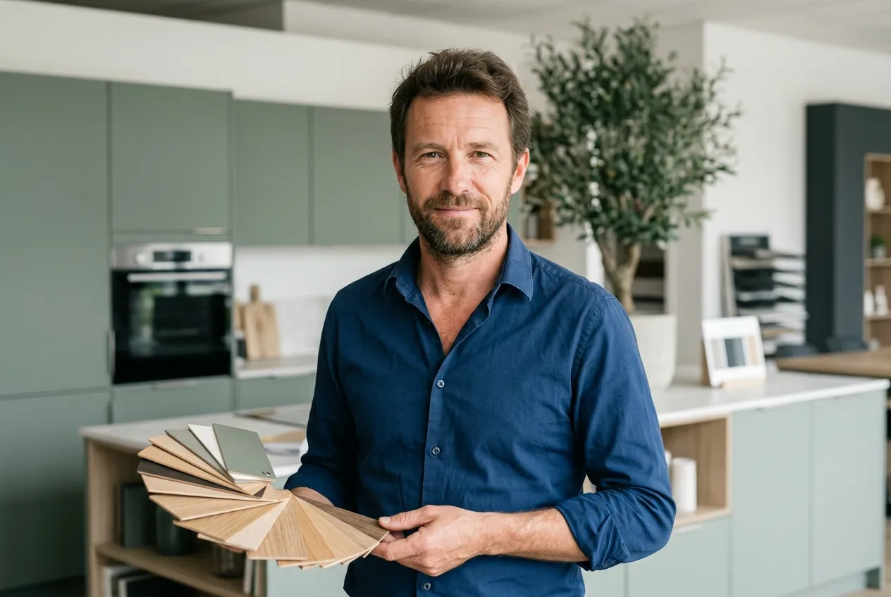 Cuisiniste dans son showroom, nuancier en main