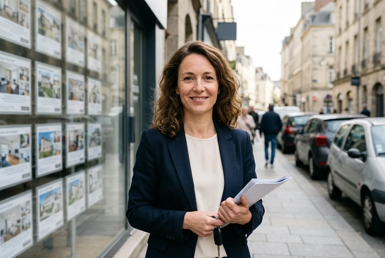 Agente immobilière devant la vitrine de son agence