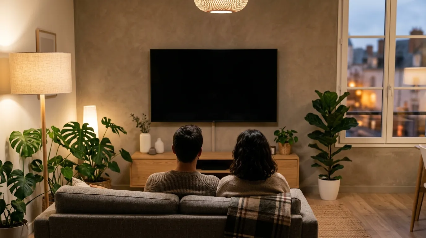 Un couple regarde la télévision le soir dans son salon