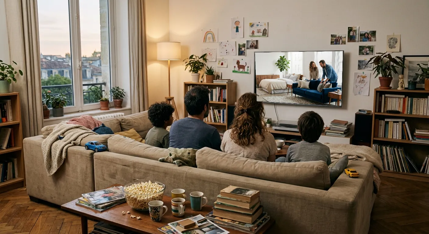 Une famille regarde une publicité pour un magasin de meubles à la télévision