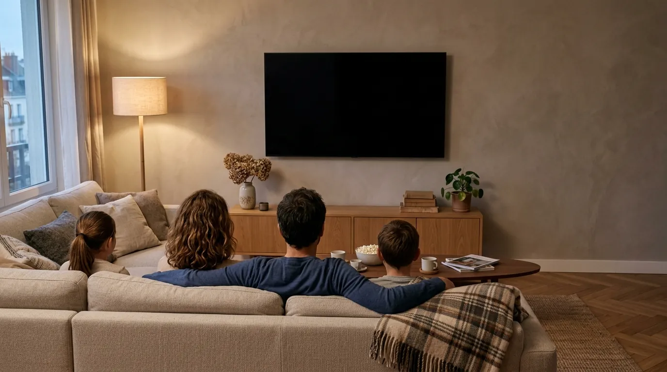 Une famille regarde la télévision depuis son canapé
